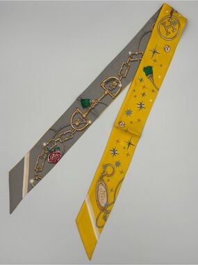 Hermes C’est la Fete Twilly Silk Scarf Yellow Gray Green Gold Chain Rose Stars